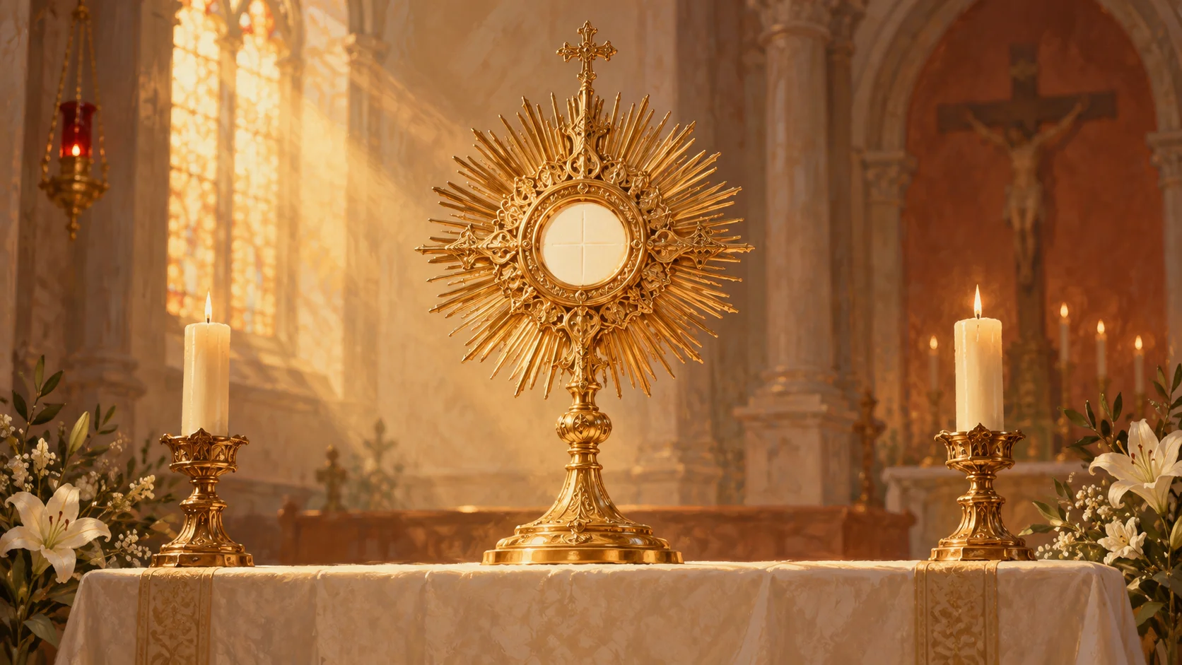 Illustrazione di un ostensorio sull’altare fra due candele accese