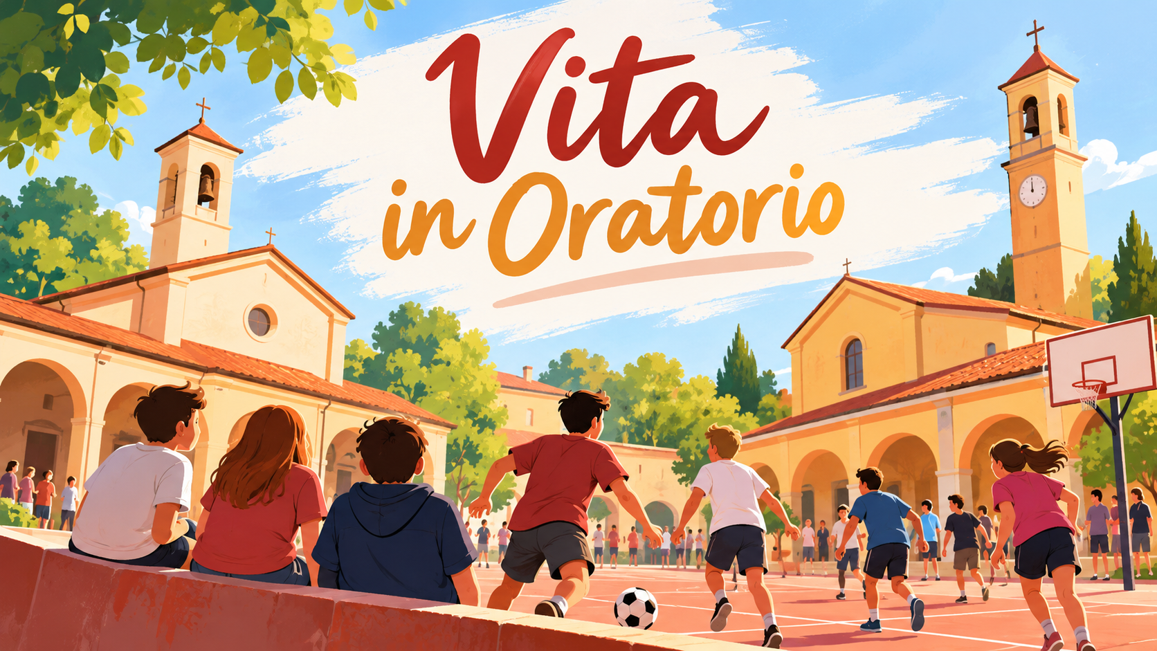 Vita in Oratorio: illustrazione di ragazzi che giocano e si incontrano negli oratori